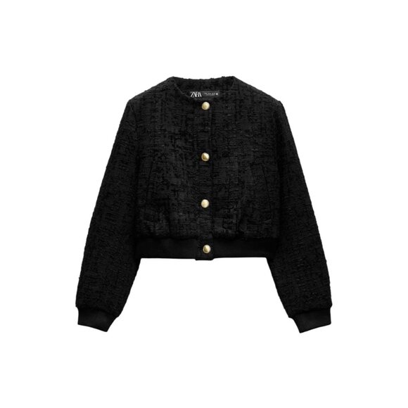 Zara Black Textured Cropped Jacket With Gold Buttons